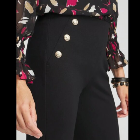 CHICOS BUTTON FLARE JULIET PULL ON SAILOR BLACK KNIT PONTE PANTS NEW 3/ 16 r - Picture 2 of 9